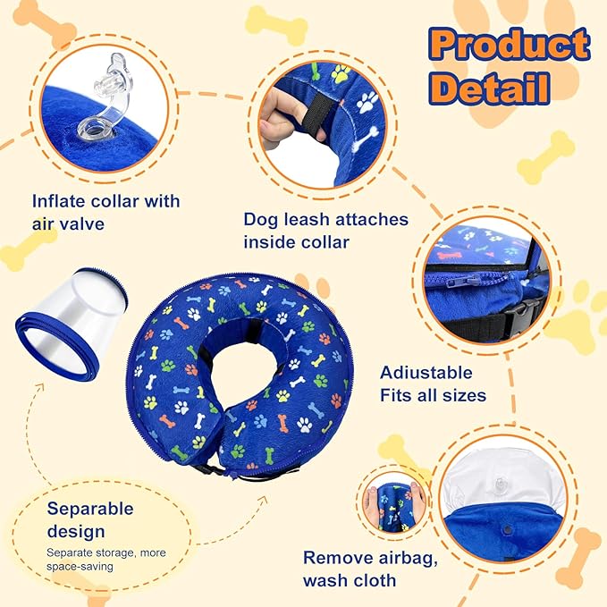 Dog Cone Collar with Enhanced Anti-Licking, Inflatable Dog Cone After Surgery, Adjustable Size with Soft Padding for Small Medium Large Dogs - Blue/L-PawvioPets