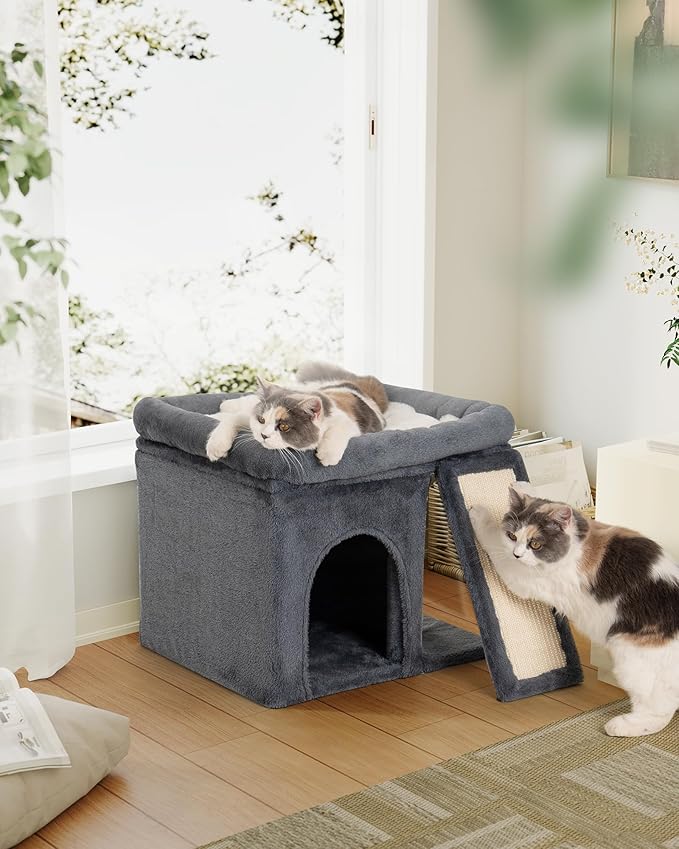 14‘’ Cat Tree Tower with Scratching Post, 20 * 16.5in Perch Bed for Large Adult Cats, Condo Cave for Indoor Small Medium Kittens, Dark Gray-PawvioPets