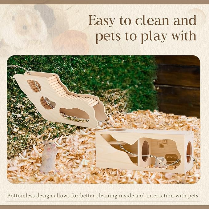 2 Pcs Hamster Houses and Hideouts Hamster Tunnel Set Wood House for Hamster with Climbing Ladder Exploring Tunnel Multi Chamber Maze for Small Animals Pets Gerbils Hedgehogs Rats Mice-PawvioPets