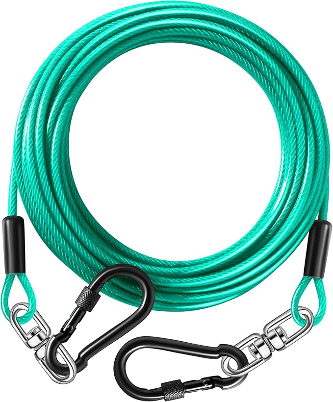 Dog Tie Out Cable 15FT-500Lbs,Heavy Duty Dog Leads&Tether for Yard with Swivel Hook,Small Large Dogs Leash Line for Outside,Rust Chew Proof Dogs Run Cable for Outdoor Camping (Green Cyan, 15FT)-PawvioPets