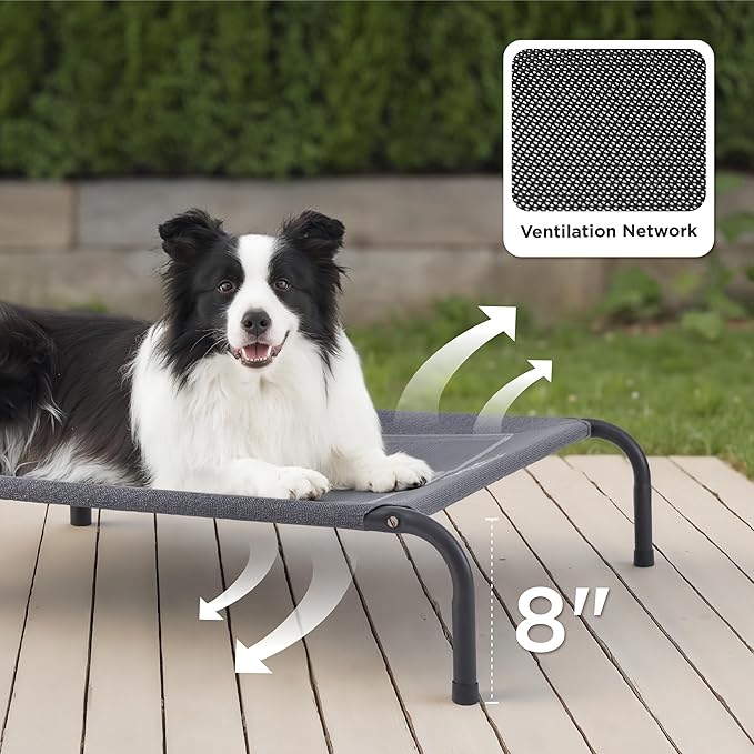 Bedsure Outdoor Elevated XL Dog Bed, Portable Indoor & Outdoor Cooling Raised Cot Pet Hammock Bed with Skid-Resistant Feet, Frame with Breathable Mesh, Grey, 54 inches-PawvioPets