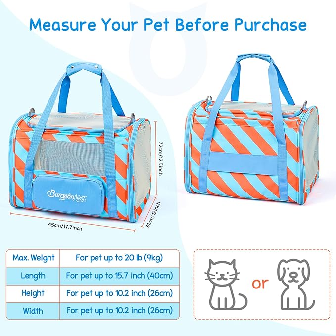 BurgeonNest Cat Carrier, Dog Cat Carriers for Large Medium Cats Under 20 lbs, Soft Sided Pet Carrier, Collapsible Travel Carry Puppy Kitten Cat Carrier with Big Side Bag (Medium, Blue-Orange)-PawvioPets