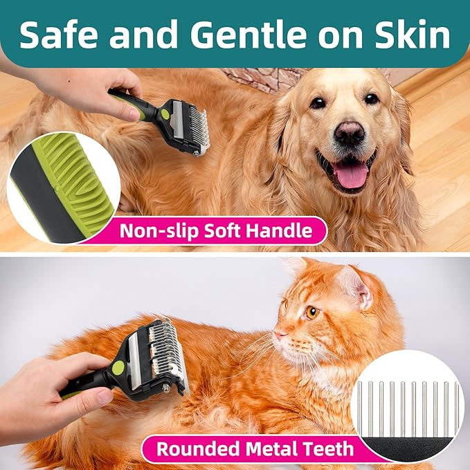 3-IN-1 Pet Grooming Tool - Undercoat Rake, Dematting Comb & Deshedding Brush for Cats & Dogs - Removes Mats, Tangles & Loose Fur, Reduces Shedding & Prevents Hair Mess (Green)-PawvioPets