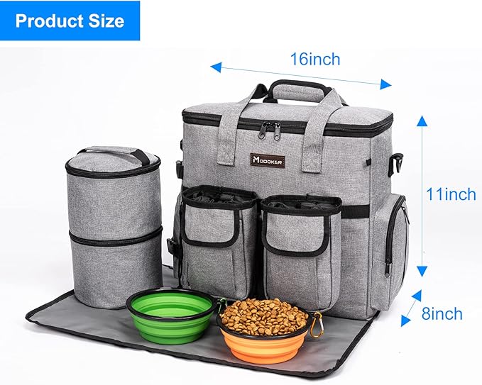 Airline Approved Dog Travel Bag with 2 Dog Treat Training Pouches, Tote Organizer for Weekend Pet Travel Supplies & Accessories, 2 Collapsible Bowls, 2 Food Container (Grey)-PawvioPets