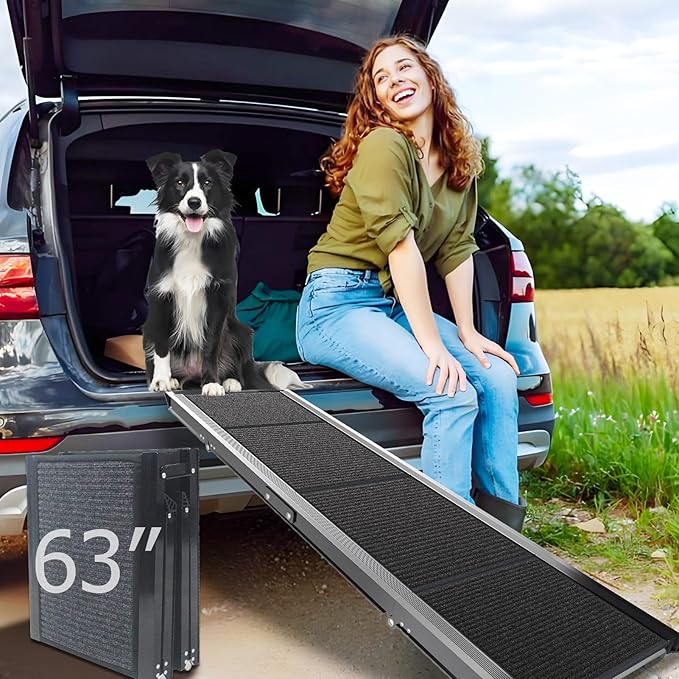 Dog Ramp for Cars SUV Truck-17.3x71in Heavy Duty Foldable Wide Outdoor Pet Stairs with Non-Slip Surface Portable Folding Design for Large Dogs Up to 250lbs (63" L x 17.3" W)-PawvioPets