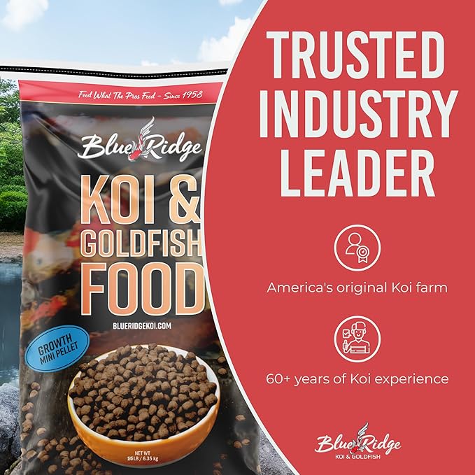 Blue Ridge Koi Fish Food 25lb - Koi Food Mini Growth Formula, Goldfish Food, Premium Fish Food for Ponds, Ponds Fish Food, Floating Pond Pellets-PawvioPets