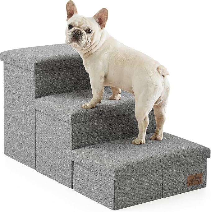 Dog Stairs with Storage, 3-Step Wider Sturdy Dog Steps for Small/Medium/Large Dogs and Older Cats, Folding Doggie Ramp for Bed/Couch/Car Hold Up to 180 lbs (16.7" H, Grey)-PawvioPets
