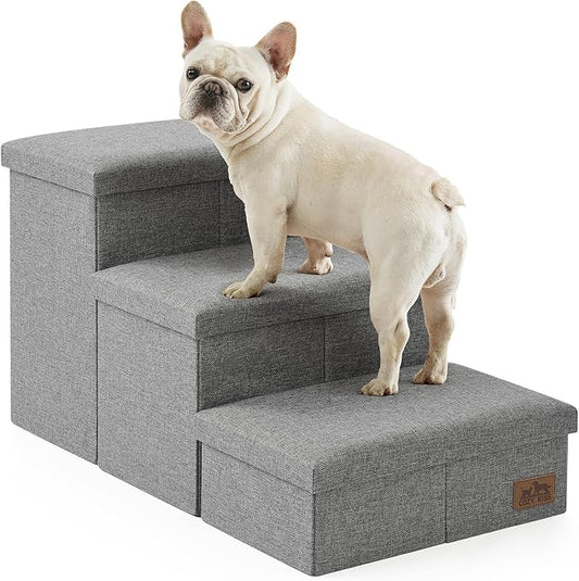 Dog Stairs with Storage, 3-Step Wider Sturdy Dog Steps for Small/Medium/Large Dogs and Older Cats, Folding Doggie Ramp for Bed/Couch/Car Hold Up to 180 lbs (16.7" H, Grey)-PawvioPets