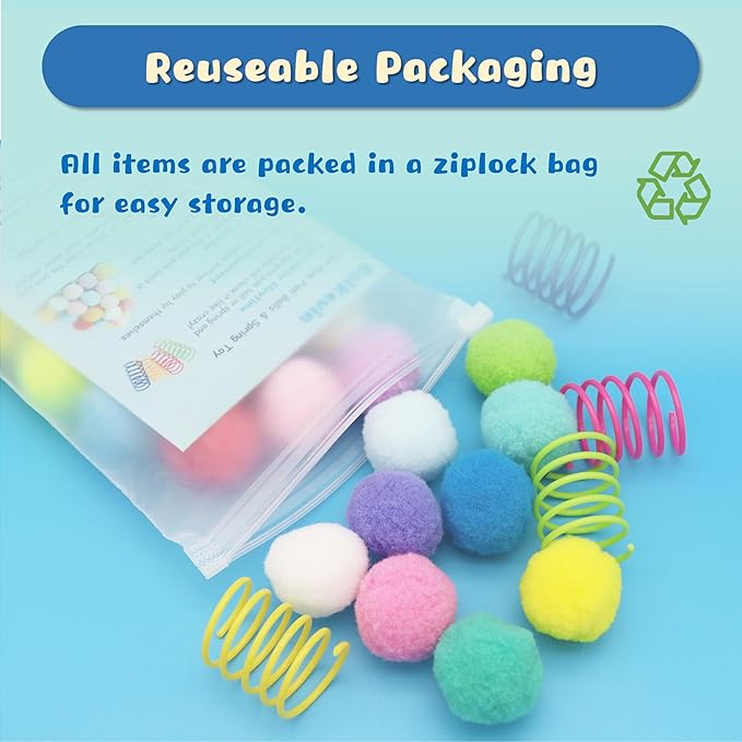 30 Pcs Premium Silent Cat Pom Pom Balls, Interactive Lightweight Assorted Colors Fuzzy Toy Balls (1.2 inches), with 4 Pcs Cat Spring Toy for Indoor Kitten Playing Exercising-PawvioPets