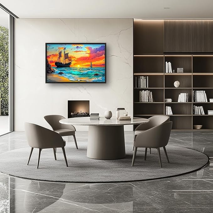 Framed Large Ship Wall Art for Living Room, Oversized Coastal Beach Boat Wall Decor Nautical Seascape Sailboat Canvas Painting Modern Artwork Home Decoration for Living Room Bedroom 36"x24"-PawvioPets