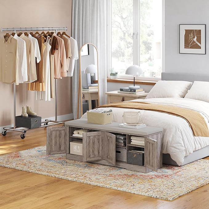 DINZI LVJ Shoe Bench, Entryway Storage Bench with Doors, Cushion, 2-Tier Shoe Rack with 8-Cubby, 47.2”L x 13.8”W Shoe Organizer Cabinet, Adjustable Shelf, Living Room, Bedroom, Greige-PawvioPets