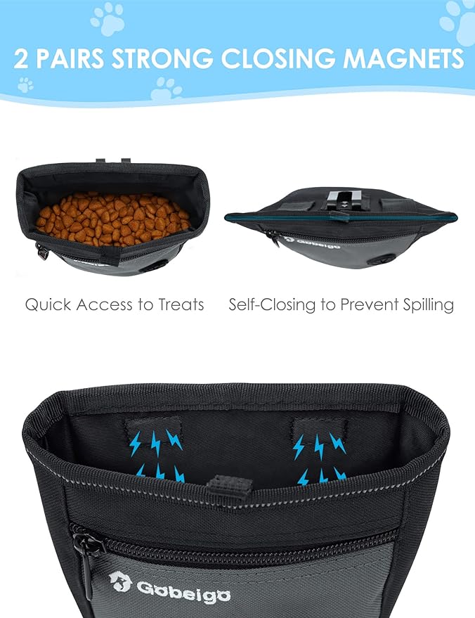 Gobeigo Dog Treat Pouch and Training Clicker, Upgrade Two Magnetic Closure to Prevent Spills, 2 Cup Treat Bag with Poop Bag Dispenser, Metal Clip Waist Belt Fanny Pack for Pet Walking (Black/Gray)-PawvioPets