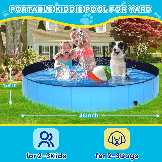 Foldable Dog Pool - 48" x 12" Anti-Slip Portable Dog Swimming Pool, Hard Plastic Collapsible Kiddie Pool for Outdoor and Indoor for Pets Dogs Cats and Kids-PawvioPets