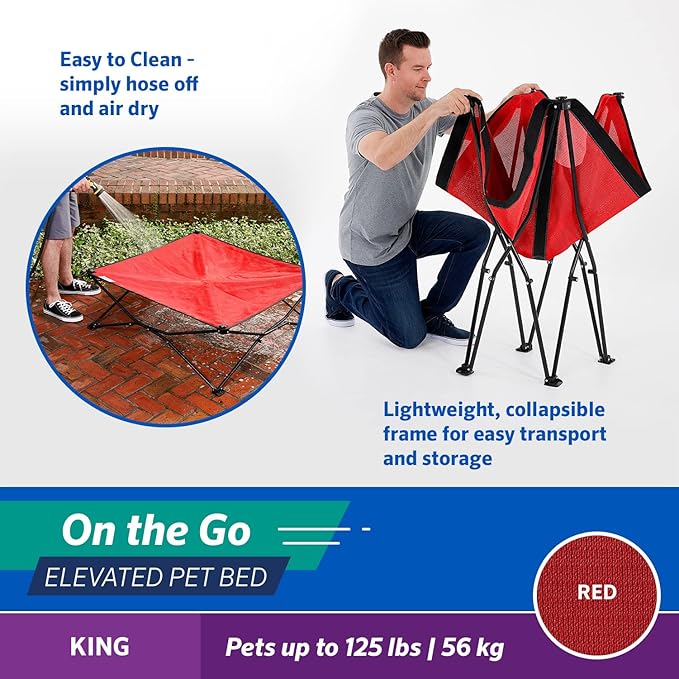 Coolaroo On-The-Go Elevated Dog Bed - Foldable Pop-Up Travel Dog Bed with Breathable, Moisture-Resistant Fabric, Carry Bag Included, Lightweight & Portable, Red, Extra Large-PawvioPets