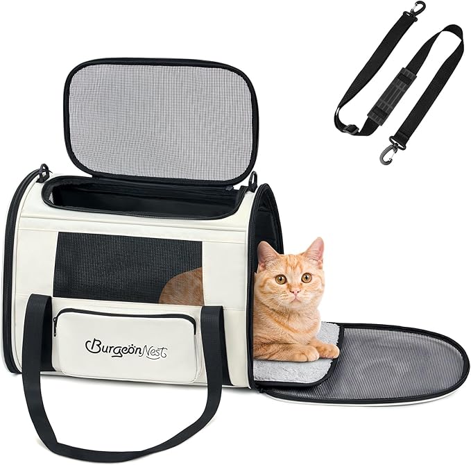 BurgeonNest Cat Carrier for Large Cats 20 lbs,Medium Pet Under 25 lbs,2 Puppy and Small Dogs with Unique Side Bag,Top Load Pet Carrier Soft-Sided Escape Proof with 4 Ventilated Windows-PawvioPets