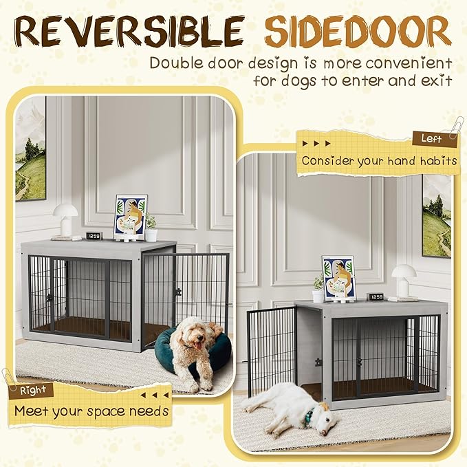 Bigrab Dog Crate Furinture with Thick Cushion, Side End Table Wooden Dog Cage with Double Doors, Chew-Resistant Dog Kennel Dog House Indoor for Small to Large Dog, L (Grey)-PawvioPets