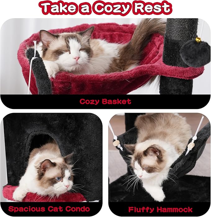 Gothic Cat Tree, Cat Tower for Large Cats with 2 Big Platforms, 2 Baskets, condo and Toys, 63" Cat Scratching Posts for Indoor Cats, Black and red GCT020BR-PawvioPets