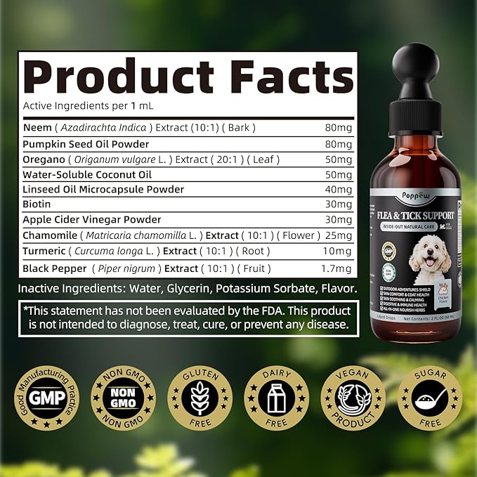 Dog Flea and Tick Support, Natural Herbal Flea & Tick Comfort for Dogs, Flea Liquid Drops Supplement for Dogs with Neem, Oregano, Pumpkin Seed Oil - Chicken Flavor, 2 FL.Oz - All Breeds & Sizes-PawvioPets