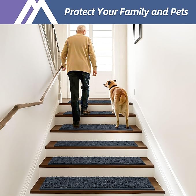 COSY HOMEER Edging Stair Treads Non-Slip Carpet Mat 28inX9in Indoor Stair Runners for Wooden Steps, Edging Stair Rugs for Kids and Dogs, 100% Polyester TPE Backing (15pc, Navy)-PawvioPets