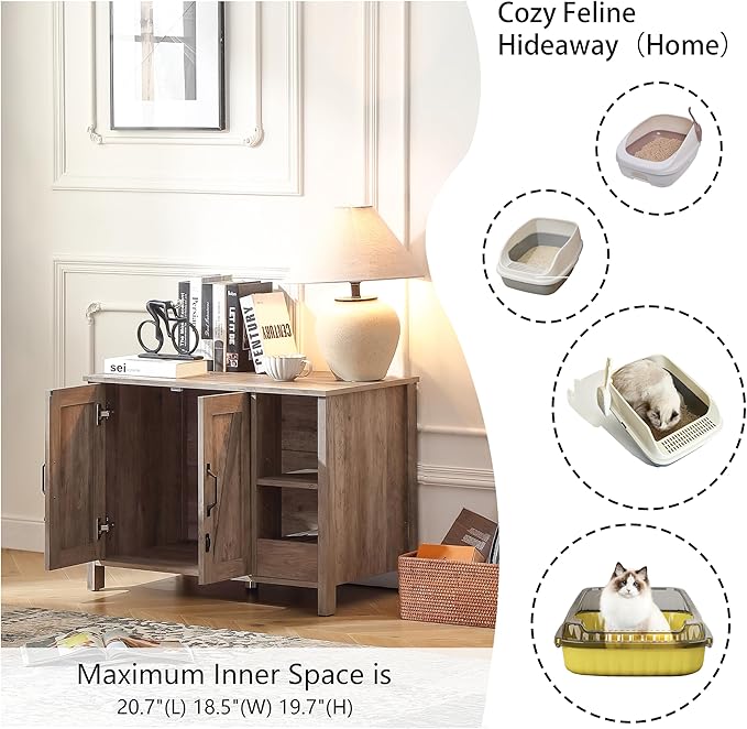 31.9'' Small Cat Litter Enclosure,Adjustable Shelf for Dog Proof and Storage,Locks Added for cat,Cat Litter Collector,Small Indoor Cat House,Grey-PawvioPets