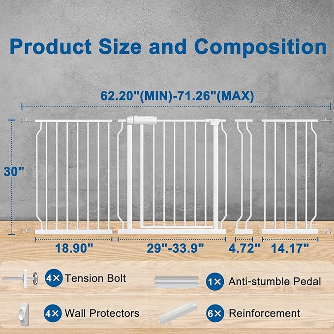 ALLAIBB Extra Wide Pressure Mounted Baby Gate Walk Through Child Kids Safety Toddler Tension White Long Large Pet Dog Gates with Extension for doorways Kitchen (62.20-71.26"/158-181cm, White)-PawvioPets