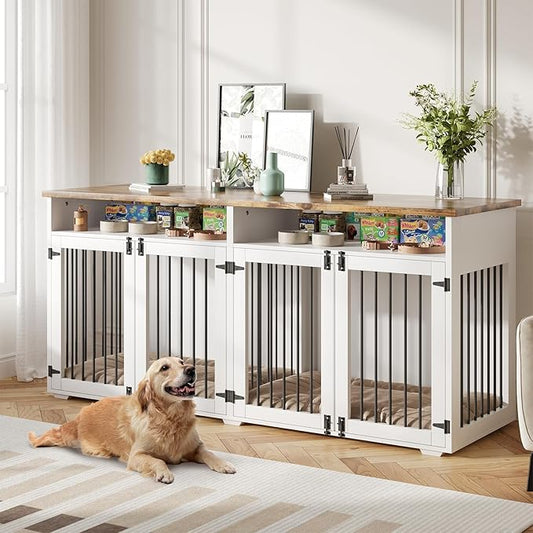 72'' Dog Crate Furniture for 2 Dogs, Wooden Dog Cage with Storage Compartment, Indoor Dog Kennel with 4 Doors for Large/Medium Dogs, White-PawvioPets