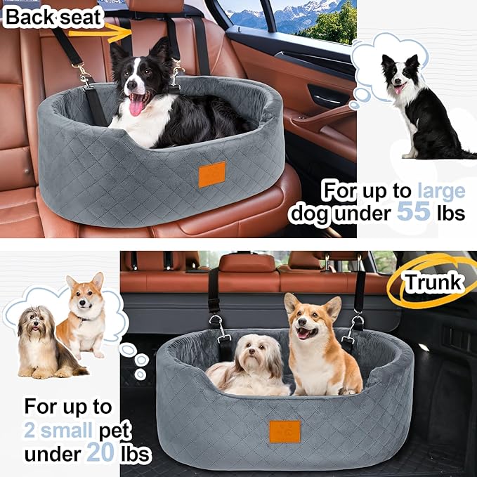 Dog Car Seat for Medium & Large Dogs up to 55 lbs, Elevated Booster Seat with Anti-Slip Base, Detachable & Machine-Washable Pet Car Bed for SUV/Sedan (Gray)-PawvioPets