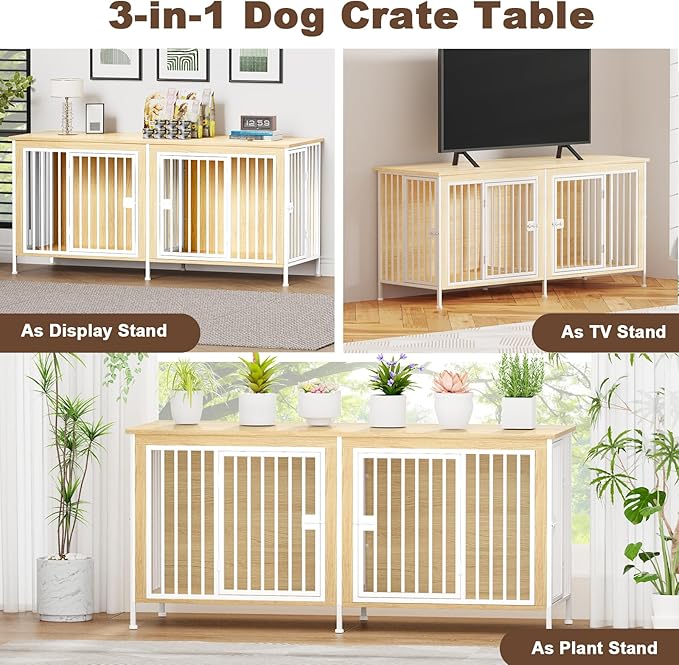 EasyCom 63" Dog Cage Furniture for 2 Pets with Divider, XL Wooden Double Dog Crate Furniture TV Stand for Mideum Breed, Durable and Sturdy-PawvioPets