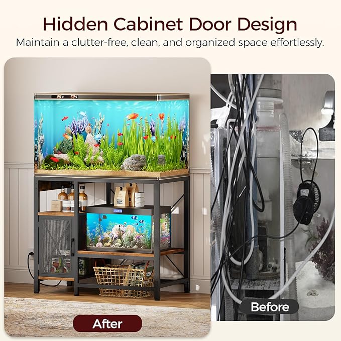 40-50 Gallon Fish Tank Stand, Aquarium Stand with Power Outlet and Storage Cabinet, Heavy Duty Tank Stand Suitable for Turtle Tank, Reptile Terrarium, for Home Office, Rustic Brown FTHR50E01-PawvioPets