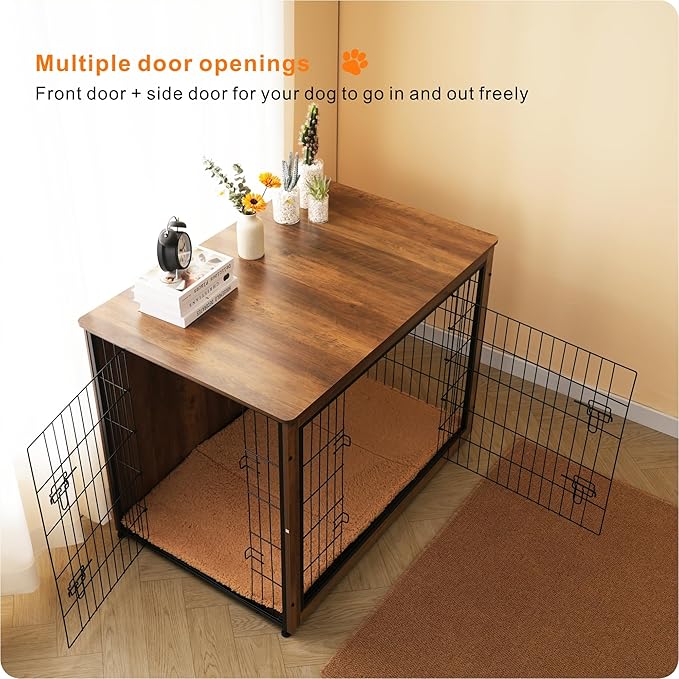 DWANTON Dog Crate Furniture with Cushion, Wooden Kennel Table with Double Doors, Indoor Dog House, Extra Large, 43.3" L, Warm Brown-PawvioPets