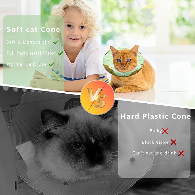Cat Cone Collar Soft, Adjustable Cat Recovery Collar Kitten Cones to Stop Licking, Cute Donut E Collar After Surgery, Cats Neck Pillow Cone Elizabethan Cones of Shame (Waterproof Green, Large)-PawvioPets