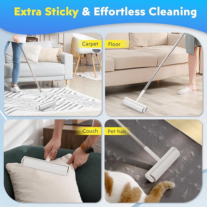 9.49'' Extra Sticky Large Lint Roller Refills, 4-Pack Giant Roller Refills for Carpets, Couch, Floor, Clothing, and Pet Hair Cleaning, 60 Sheets per Roll (240 Sheets Total)-PawvioPets