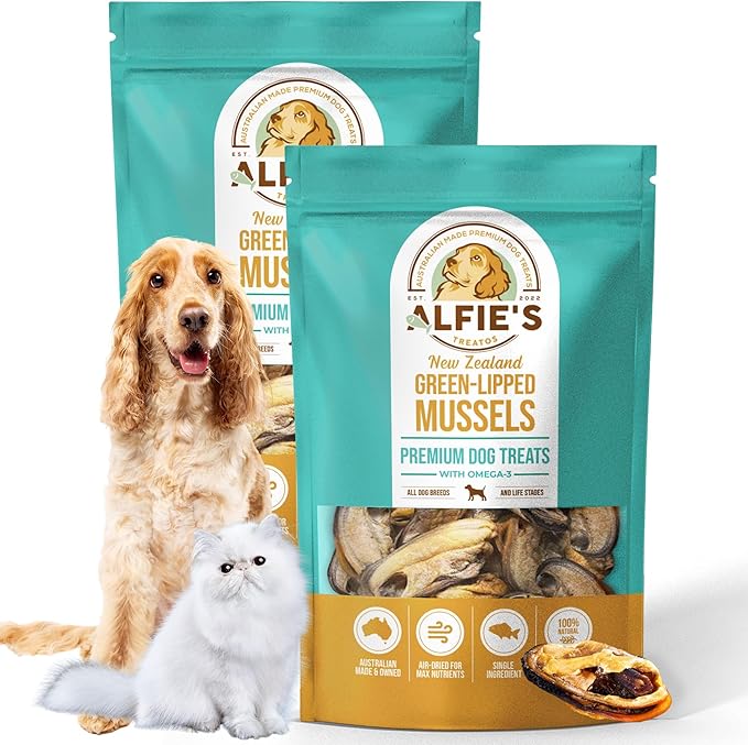 ALFIE'S TREATOS Green Lipped Mussels for Dogs & Cats (5.3 oz, 2x2.65 oz), Value Bundle, Air-Dried Dog Treats, Natural Supplement & Omega-3 Food Topper, Single Ingredient, Freeze-Dried Alternative-PawvioPets