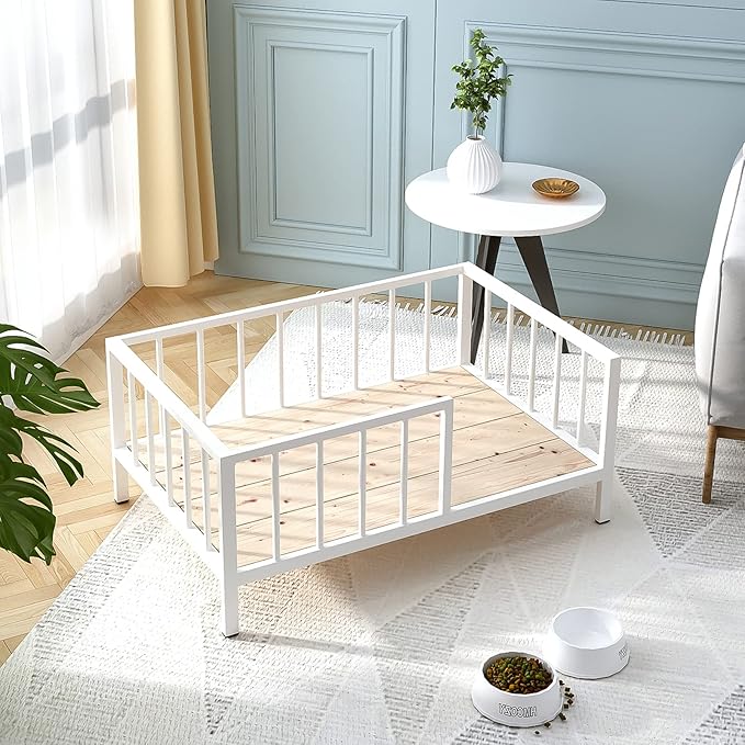 Dog Bed with Rails - Elevated Pet Metal Bed Frame with Solid Wood Board and Washable Soft Mat for Medium Dog Indoor or Outdoor Use, 25.2" x 37.8", White-PawvioPets