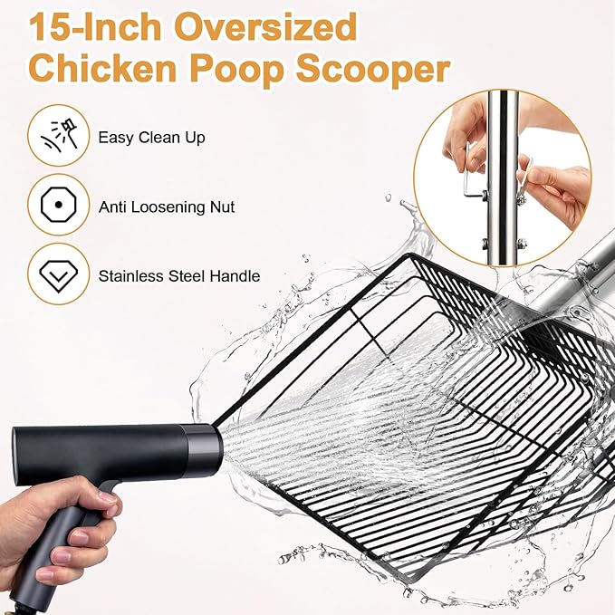 15" Chicken Poop Scooper & Rake, Metal Chicken Coop Scoop for Poop with 24 to 68" Adjustable Stainless Steel Handle, Litter Scooper Sifting Shovel Chicken Coop Accessories-PawvioPets