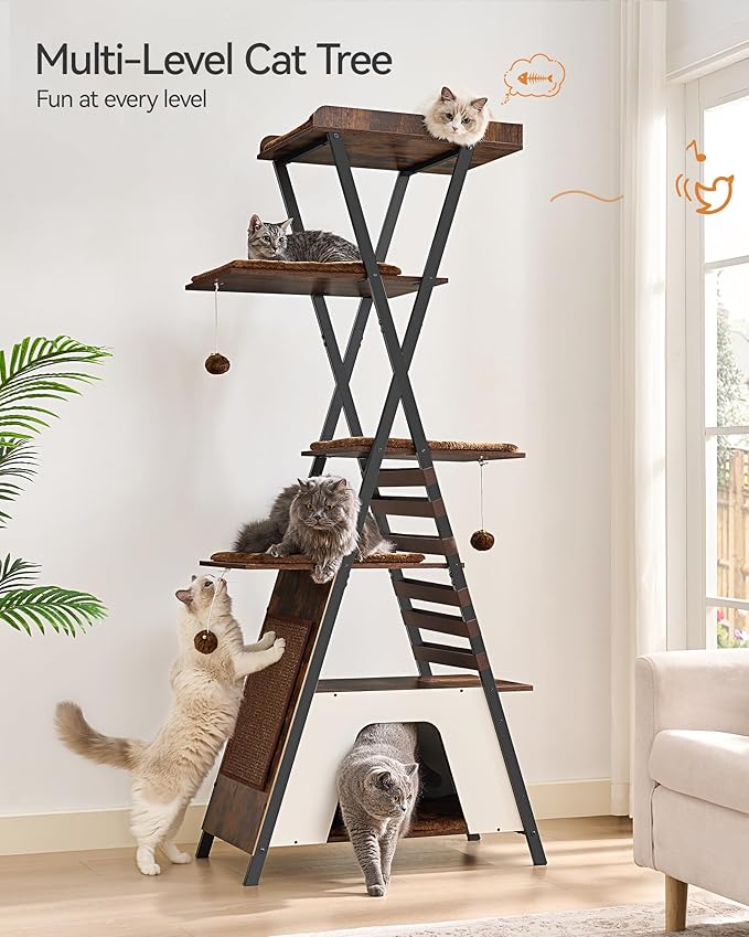 FourFurPets 72.4" Modern Cat Tower for Indoor Cats - Multi-Level Condo With Caves, Tall Tree With Scratching Board, Wooden Tower With Large Perch, Removable Pads, Rustic Brown-PawvioPets