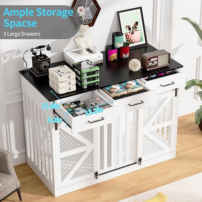 48'' Dog Crate Furniture with Divider&Storage Drawers, Wooden Double Dog Kennel Furniture End Table with Sliding Barn Doors, White Double Dog Crate TV Stand-PawvioPets