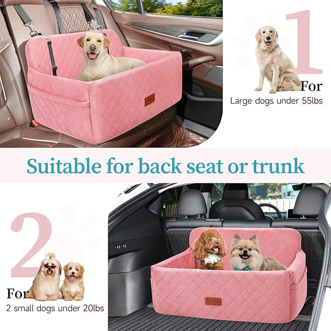 Dog Car Seat for Medium/Large Dogs, Pet Booster Seat for Under 55 lbs or 2 Small Dogs, Detachable & Washable Dog Car Bed for Backseat with 2 Safety Leashes (Pink)-PawvioPets