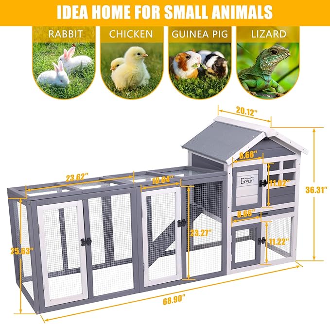 GEGURI Large Rabbit Hutch Indoor Outdoor Chicken Coop Wooden Bunny Cage with Waterproof Roof-PawvioPets