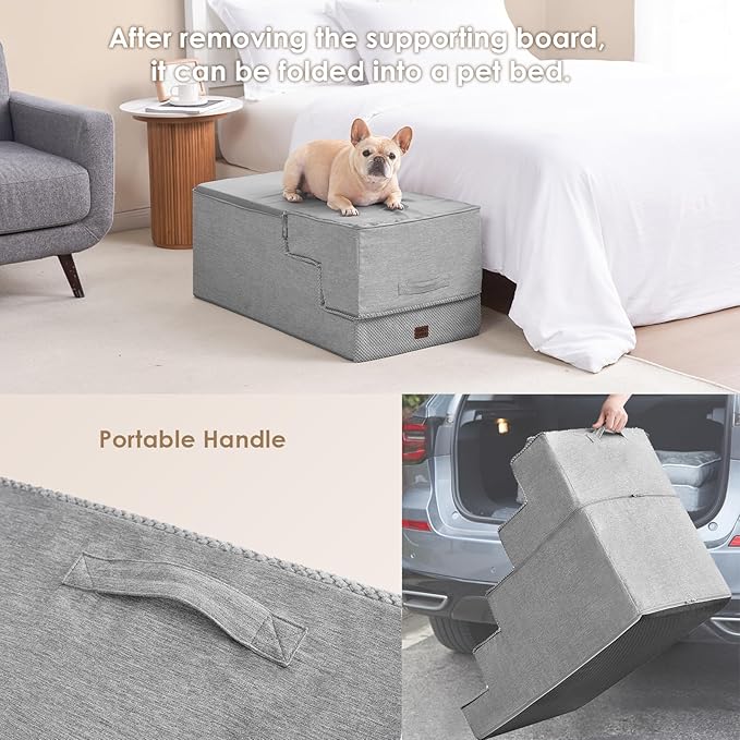 EHEYCIGA Dog Stairs for High Bed 25" H, 5-Step Extra Wide Dog Steps for Bed, Pet Steps for Small Dogs and Cats, Non-Slip Balanced Pet Ramp Indoor, Light Grey-PawvioPets