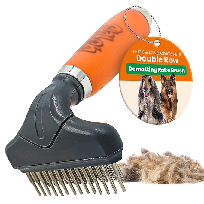 GoPets Double Row Dematting Rake, Undercoat Grooming Tool for Thick and Long Coat Pets, Ideal for Sensitive Skin, Reduces Breakage, Supports Daily Shedding Control, Detangler for Dogs and Cats-PawvioPets