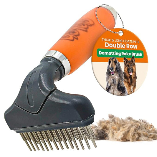 GoPets Double Row Dematting Rake, Undercoat Grooming Tool for Thick and Long Coat Pets, Ideal for Sensitive Skin, Reduces Breakage, Supports Daily Shedding Control, Detangler for Dogs and Cats-PawvioPets