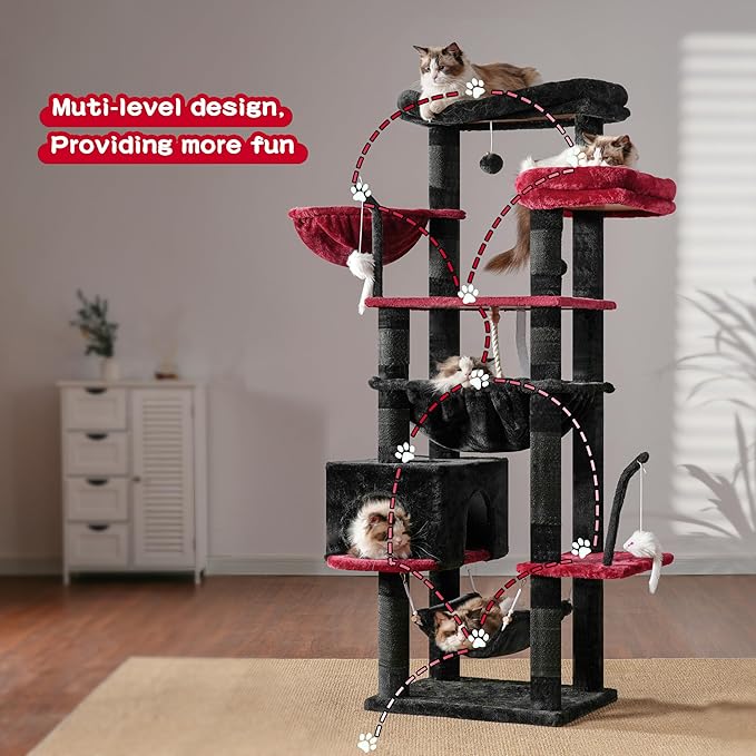 Gothic Cat Tree, Cat Tower for Large Cats with 2 Big Platforms, 2 Baskets, condo and Toys, 63" Cat Scratching Posts for Indoor Cats, Black and red GCT020BR-PawvioPets
