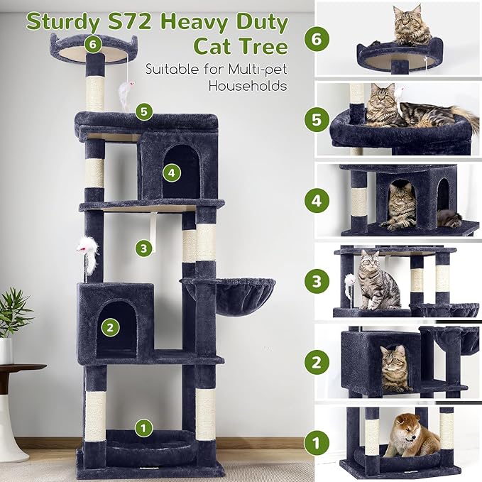 Globlazer Heavy Duty Cat Trees for Large Cats, Sturdy 72in Maine Coon Cat Tree for Large Cats 20 lbs+ Heavy Duty Cat Tower for Adult Biggest Cat with 6 Scratching Posts, Hammock, S72, Smoky Gray-PawvioPets