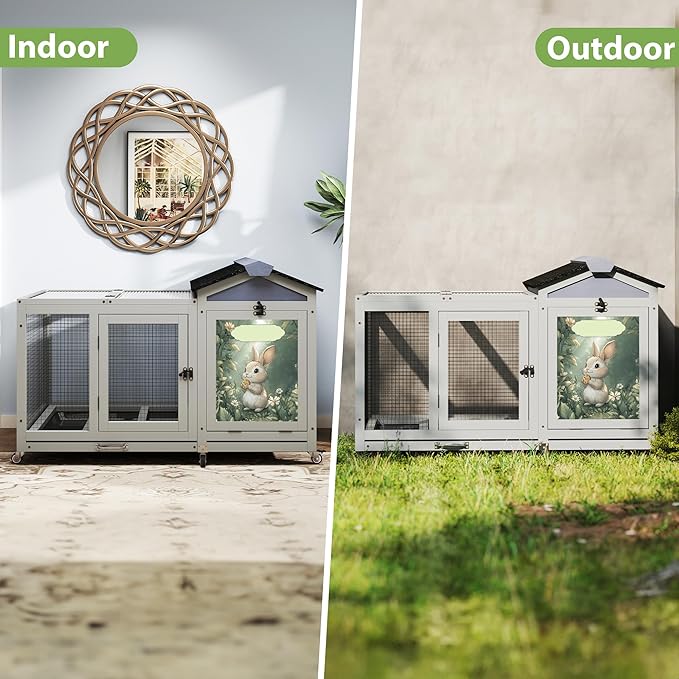 COZIWOW 39inches Assembled Wood Rabbit Hutch Indoor，Wide Space Small Animal Houses with Removable Tray&Safety Lock，Bunny Cage with Waterproof Roof&Solar Panels (Grey with Pattern)-PawvioPets