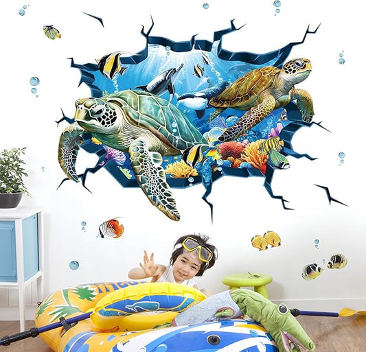 decalmile 3D Under The Sea Turtle Wall Decals Underwater Ocean Fish Broken Wall Stickers Kids Bedroom Living Room Bathroom Wall Decor-PawvioPets