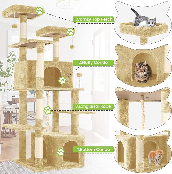 69in Large Cat Tree Tower for Indoor Cats with Soft Plush Hang Ball, Two Condos, Sisal Scratch Posts & Rope Play for Kittens/Adult Cats, Beige-PawvioPets
