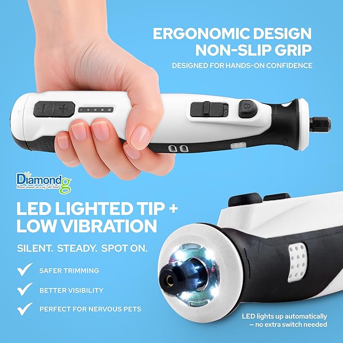 Diamondg Cordless Dog Nail Grinder with Quiet Sound & LED Tip for Large & Small Dogs, 4hrs. Runtime, 2 Bits Included, White-PawvioPets