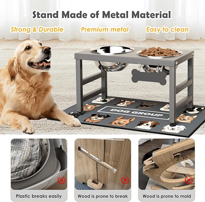 Elevated Dog Bowls, 10" Tall Height, Raised Bowl Stand with 2 Stainless Steel Food Feeder Bowls (58oz) and Spill-Proof Mat for Medium Large and Small Breeds, Grey-PawvioPets