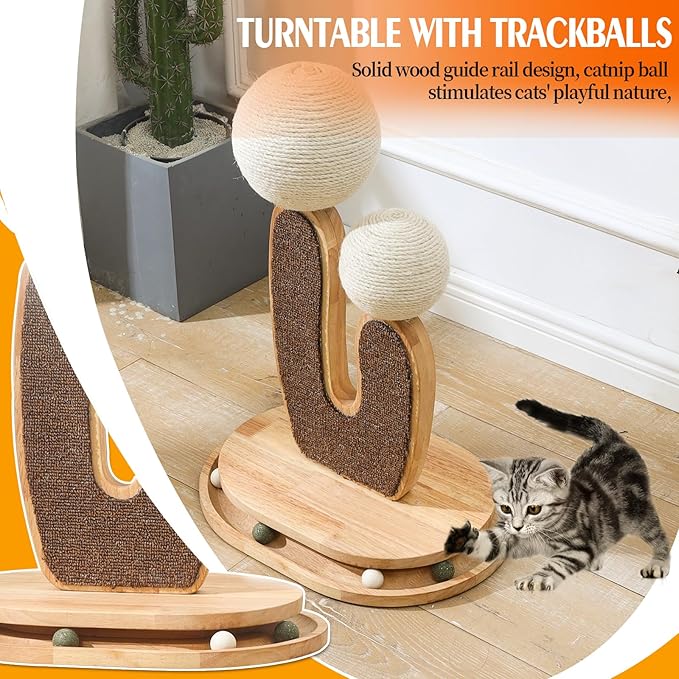 Cactus-Shaped Cat Scratching Post with Cat Scratcher, Interactive Toy Balls, Handmade with Natural Materials, Cute Cat Scratching Post, Easy-to-Clean Cat Furniture-PawvioPets